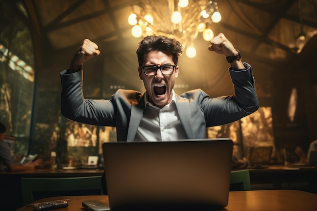 Um homem de negócios está levantando os braços enquanto celebra no computador.