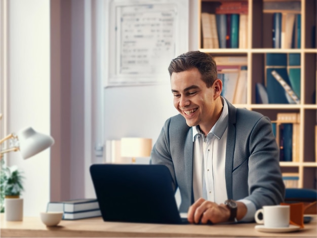 um homem de negócios feliz usando laptop sentado em sua mesa de escritório uma xícara de chá em sua mesa