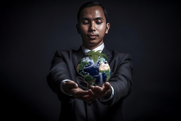 Um homem de negócios malaio tem um globo em suas mãos generative ai