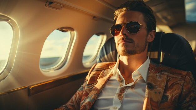 Um homem de negócios num avião privado a olhar pela janela.