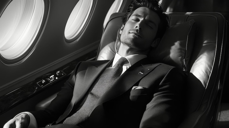 Foto um homem de negócios relaxando em uma cabine de jato privado durante um voo à luz da tarde