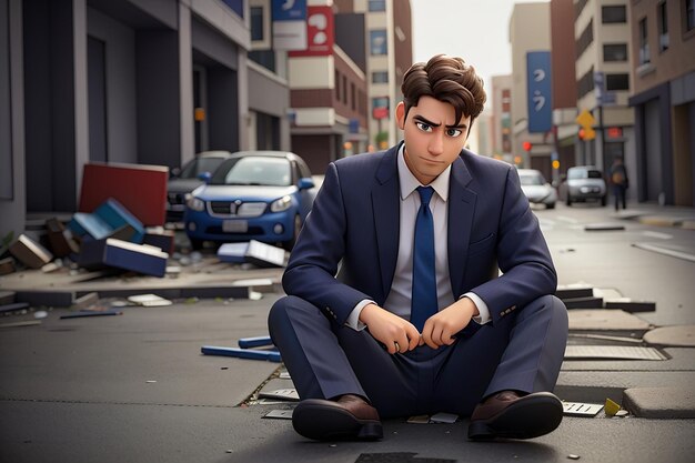 Foto um homem de negócios triste sentado numa rua quebrada.