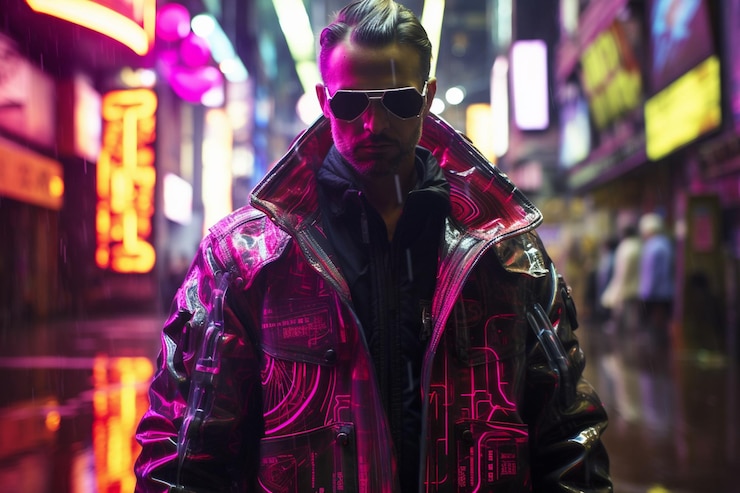 Foto um homem de néon, um homem cyberpunk de casaco de néon.