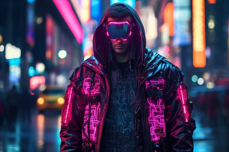 Foto um homem de néon, um homem cyberpunk de casaco de néon.