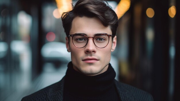 Um homem de óculos com um suéter preto