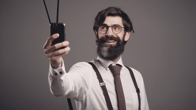 Um homem de óculos e barba tem um telefone na mão.