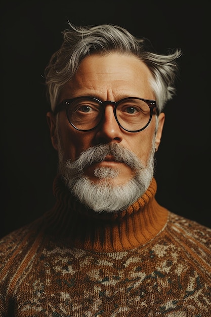 Um homem de óculos e barba vestindo um suéter que diz 'homem com cabelos grisalhos'