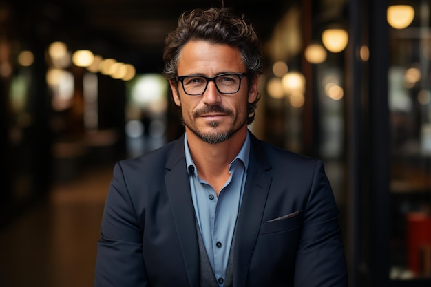 Um homem de óculos e camisa azul está vestindo um terno e sorrindo.