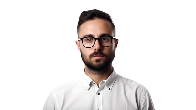 Um homem de óculos e camisa branca está vestindo uma camisa branca.