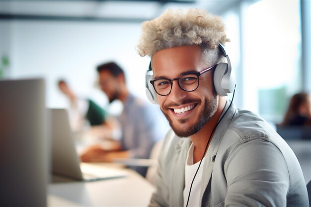 Um homem de óculos e camisa cinza sorri para um computador.