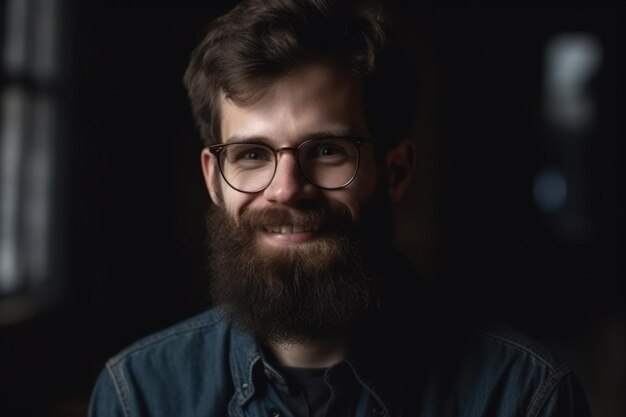 Um homem de óculos e camisa jeans sorri para a câmera.