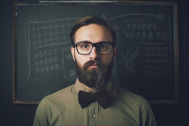 Um homem de óculos e gravata borboleta fica em frente a um quadro-negro com a data de 8 de março.