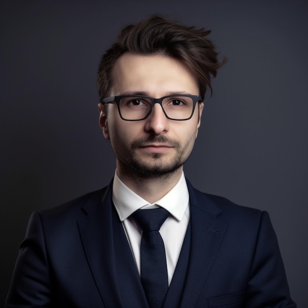 Um homem de óculos e terno com gravata e camisa branca.