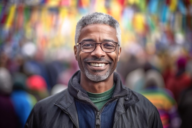 Um homem de óculos está em frente a bandeiras coloridas.