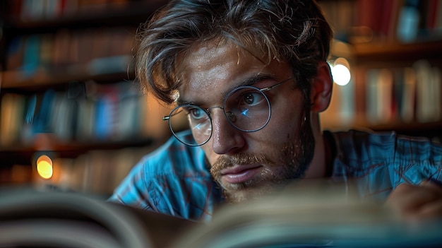 Foto um homem de óculos está lendo um livro