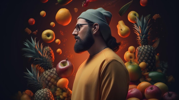 Um homem de óculos está na frente de um fundo de frutas.