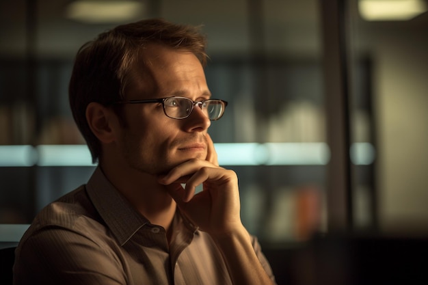 Um homem de óculos está olhando para uma tela de computador.