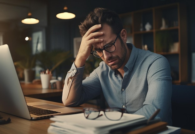 um homem de óculos está sentado em uma mesa com um laptop e um livro sobre a mesa.