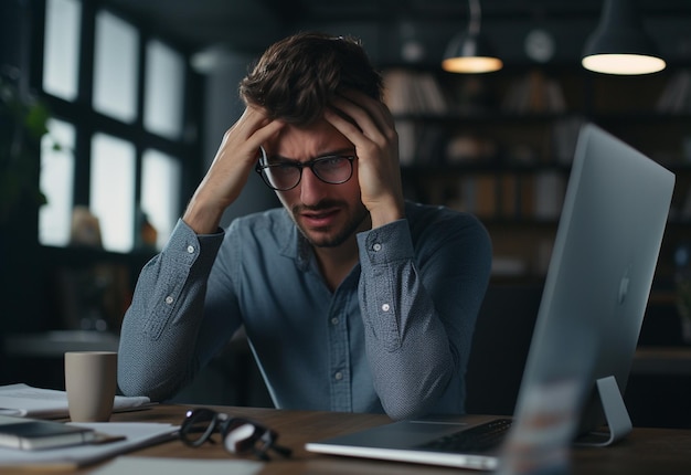 um homem de óculos está sentado em uma mesa com um laptop na frente dele.