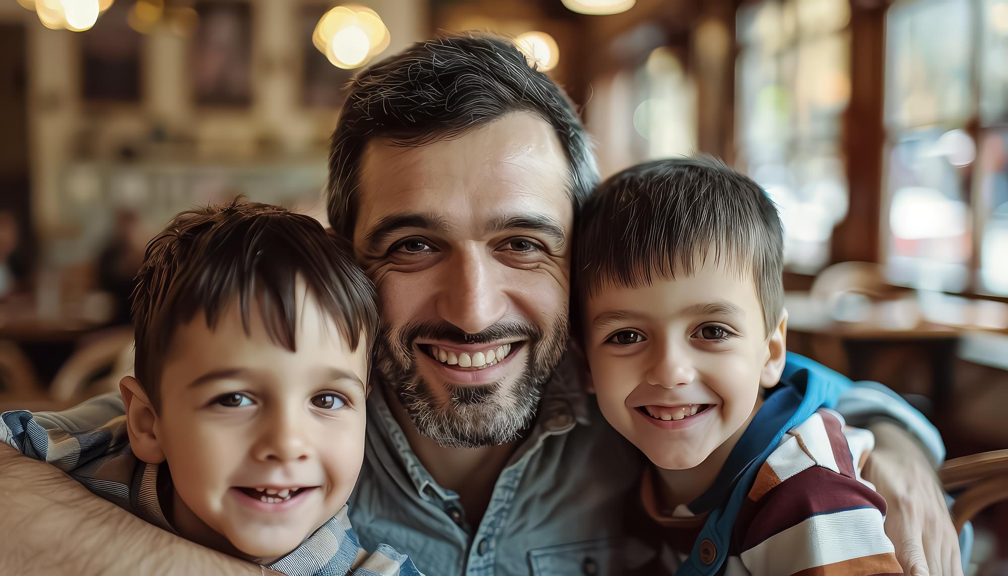 Um homem de óculos está sorrindo para dois meninos