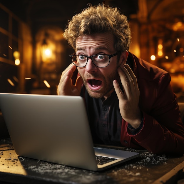 Um homem de óculos está usando um laptop com uma expressão de surpresa no rosto.