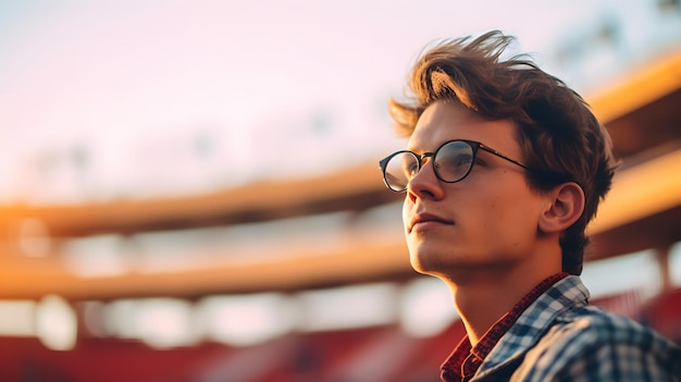 Um homem de óculos olha para o pôr do sol.