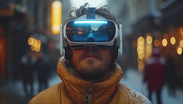 Um homem de óculos VR numa rua da cidade