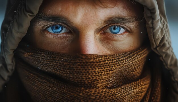 Foto um homem de olhos azuis está usando um lenço e tem uma sombra azul no olho
