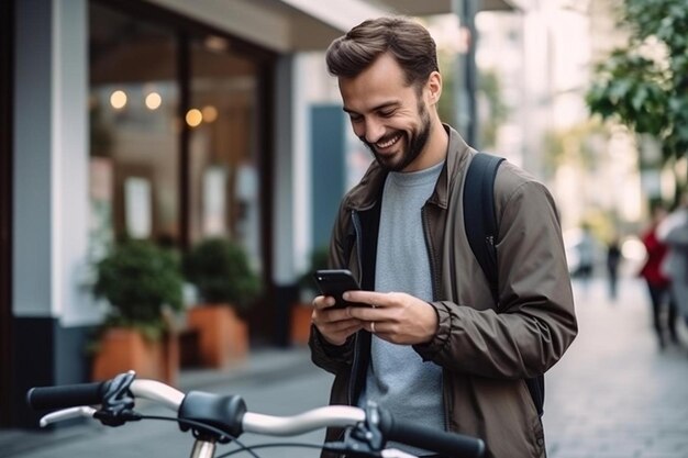 Foto um homem de pé ao lado de uma bicicleta olhando para o seu telemóvel