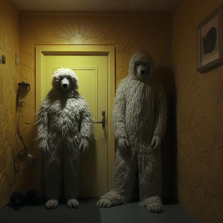 Foto um homem de pé ao lado de uma porta ao lado de um urso e um ursinho de pelúcia