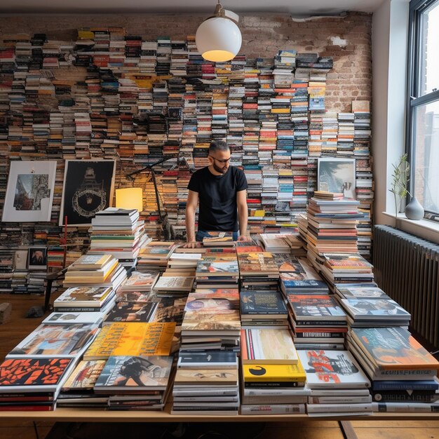 Foto um homem de pé atrás de uma mesa cheia de livros com a palavra 