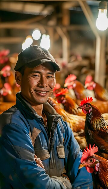 Foto um homem de pé em frente a galinhas