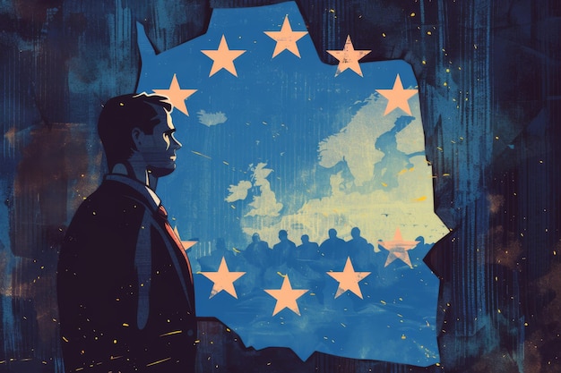 Foto um homem de pé em frente a um mapa da europa contemplando as próximas eleições para a ue em 2024