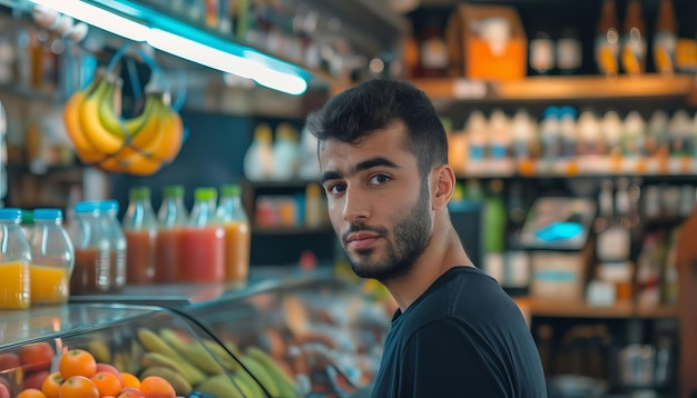 Um homem de pé em frente a uma loja de frutas e legumes