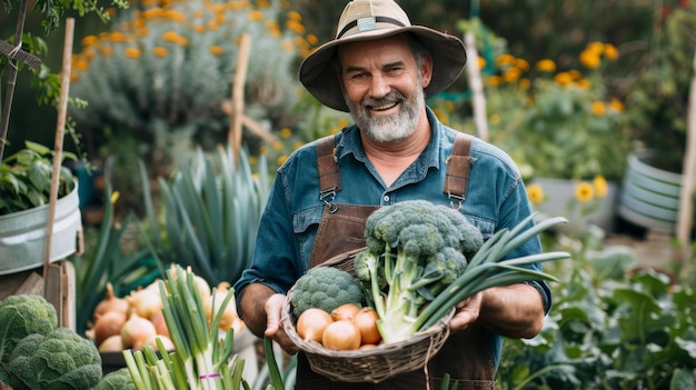 Foto um homem de pé em um jardim exuberante segurando uma cesta cheia de legumes recém-colhidos