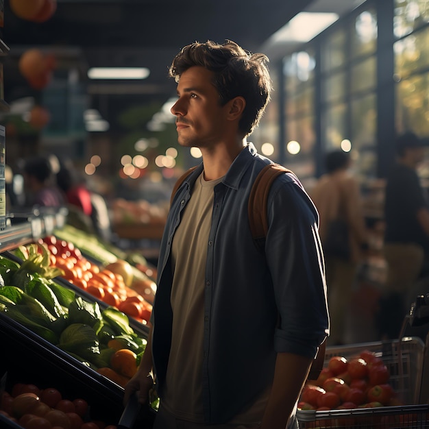 Foto um homem de pé em um supermercado empurrando um carrinho de compras luz do dia fotorrealista cinematográfico brilhante