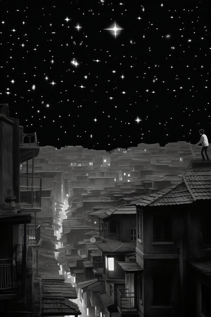 Um homem de pé em um telhado com um céu estrelado acima dele.