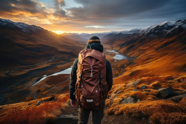 um homem de pé em uma montanha ao pôr do sol