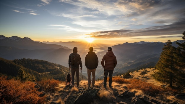 um homem de pé em uma montanha ao pôr do sol