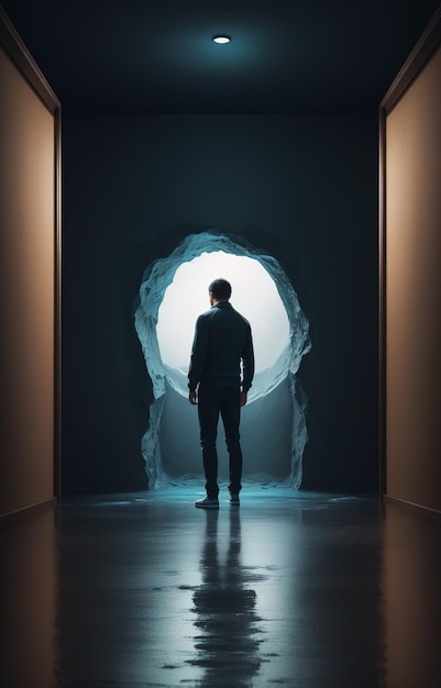 um homem de pé em uma sala escura com uma luz vindo através de um buraco na parede e uma luz vinda através