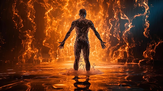 Um homem de pé na água com as palavras fogo no fundo.