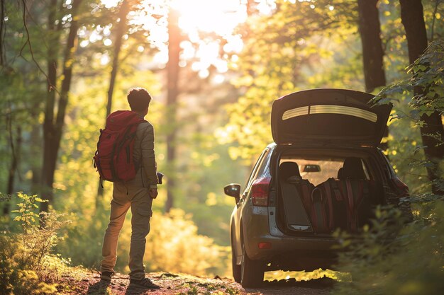 Foto um homem de pé na frente de um carro com o porta-malas aberto