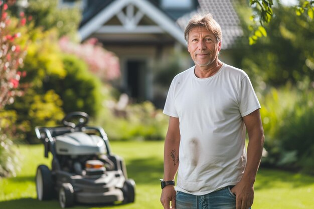 um homem de pé na frente de um cortador de grama