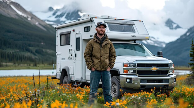 Um homem de pé na frente de um rv estacionado ao lado de flores