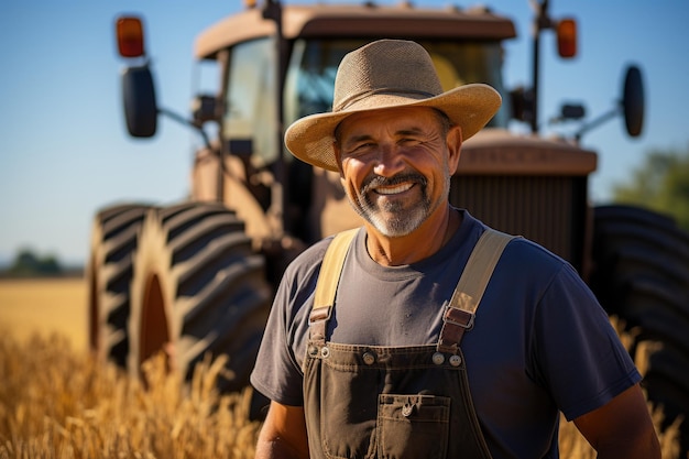 Um homem de pé na frente de um trator em um campo moderno agricultor europeu imagem digital