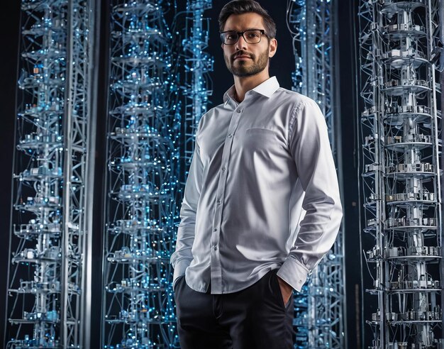 Foto um homem de pé na frente de uma grande máquina