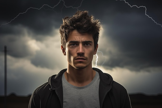 Um homem de pé na frente de uma tempestade com um relâmpago no fundo