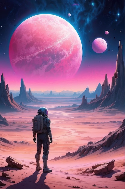 um homem de pé num deserto com um planeta ao fundo e um céu rosa