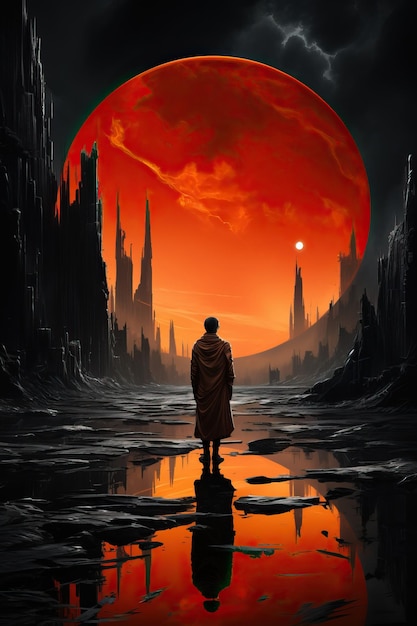 um homem de pé num deserto com um sol vermelho ao fundo