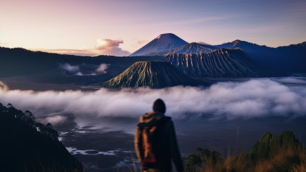 um homem de pé olhando para a montanha Bromo Indonésia